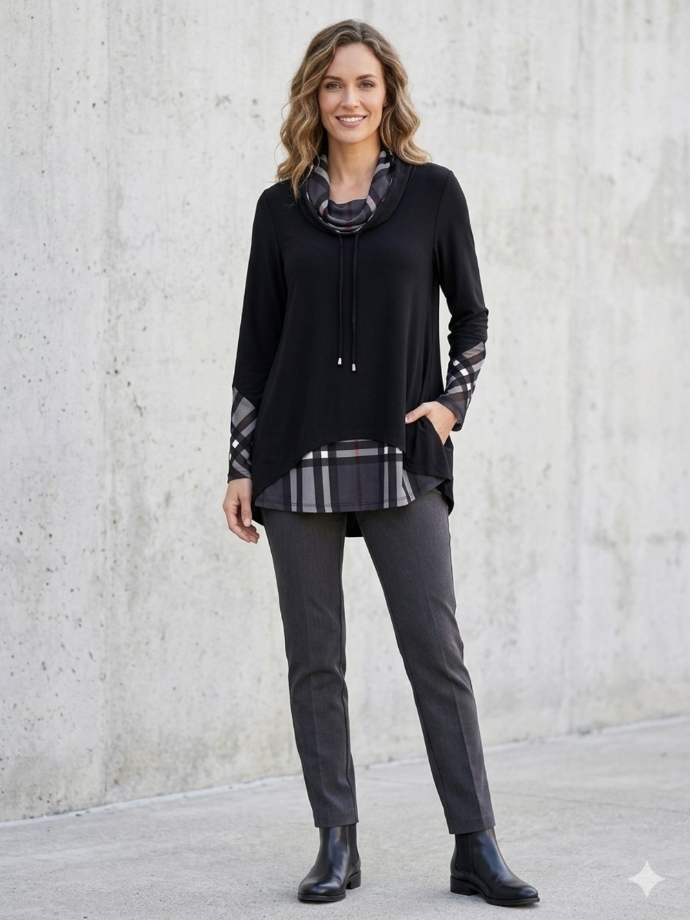 Michael Tyler Black Cowl Neck Tunic Top Plaid Check Trim Drawstring Sz M Canada
